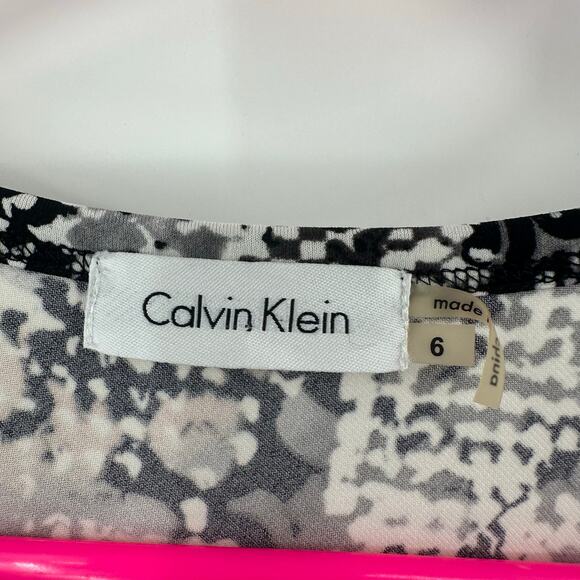 Calvin Klein Size 6 Dress Black & White Abstract Long Sleeve Fit‎ & Flare Midi - Picture 4 of 5